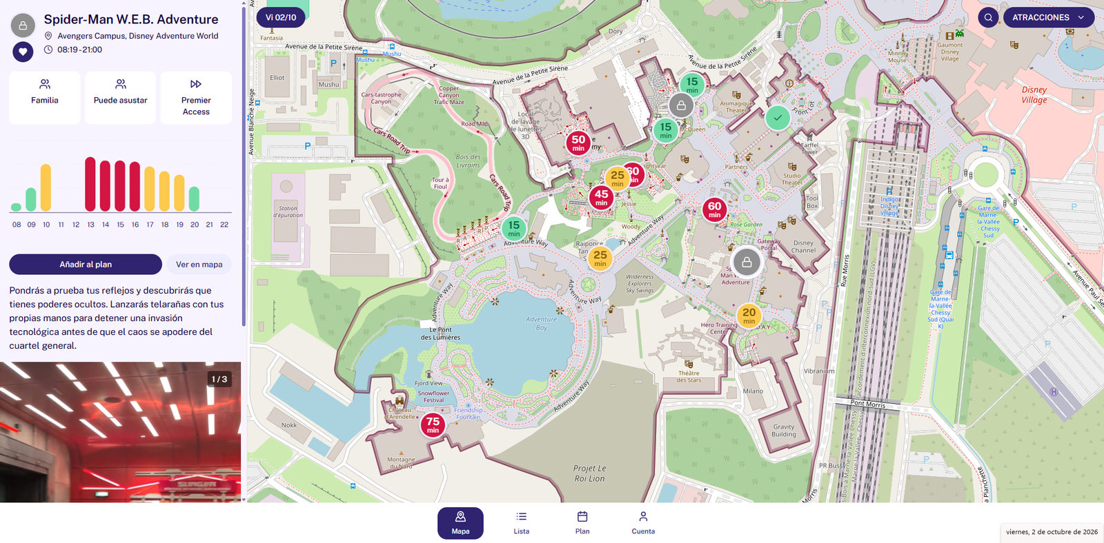 MagicWait Paris app screenshot showing the Spider-Man W.E.B. Adventure page: an hourly wait chart with peaks at midday, and the park map with wait times and ride status