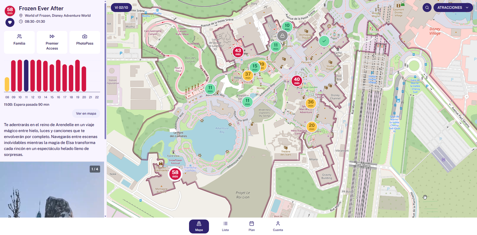 Mapa de Disney Adventure World en MagicWait Paris con las esperas en vivo y los 58 minutos de Frozen Ever After señalados sobre World of Frozen