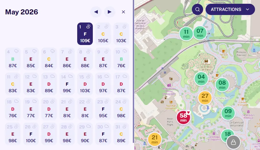 Calendrier complet de MagicWait Paris avec prix des billets et échelle d'affluence de A à F