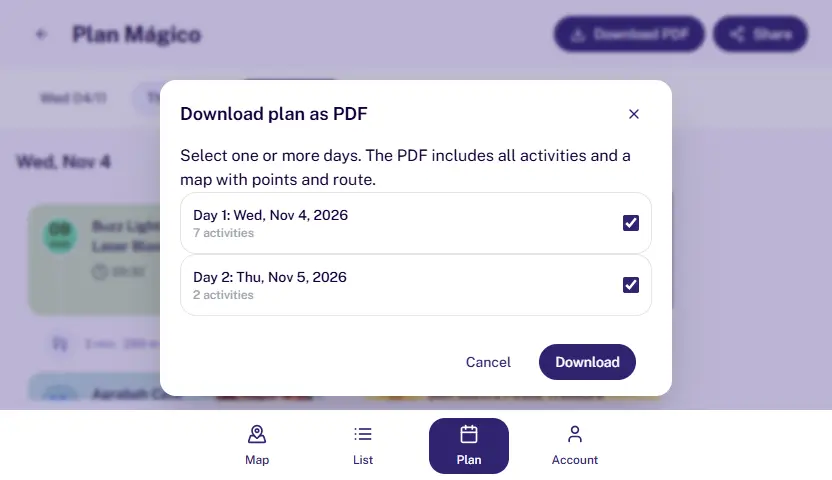 Modal pour exporter un plan en PDF dans MagicWait Paris