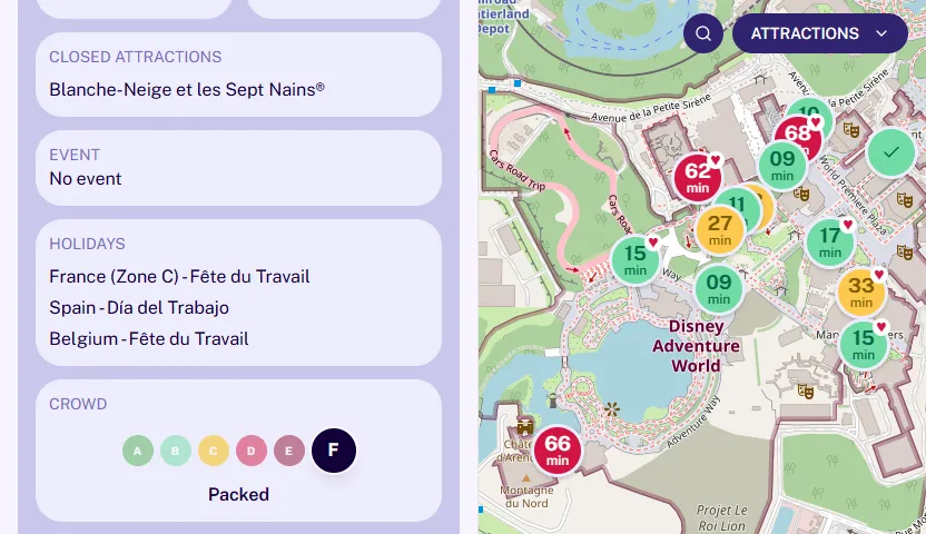 Panneau des variables de prédiction dans MagicWait Paris : vacances scolaires, événements et échelle d'affluence