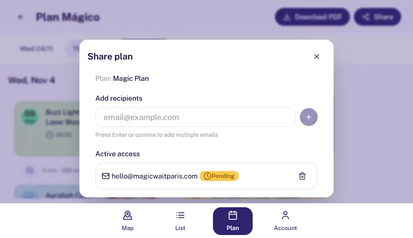 Modal pour partager un plan personnalisé avec des clients dans MagicWait Paris