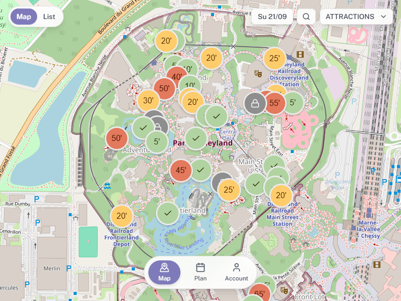 Magic Wait Paris Map showing live wait times