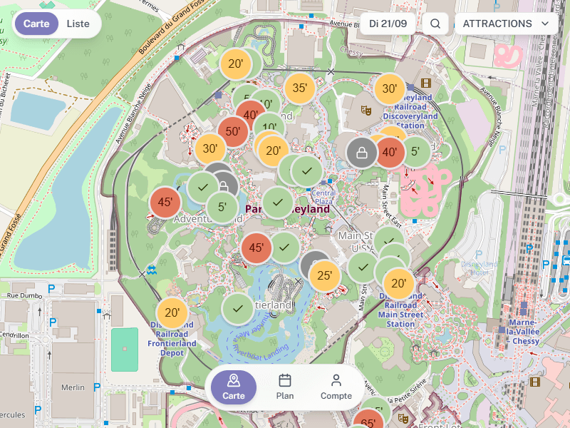 Carte de Magic Wait Paris montrant les temps d'attente en direct